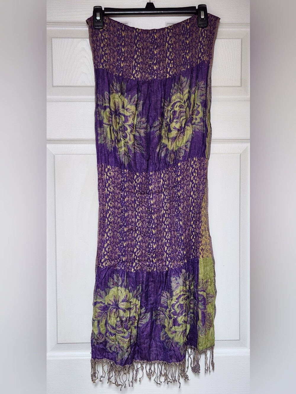 Purple & Green Floral Boho Scarf with Fringe
